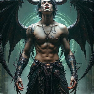 AI-generated hot sexy male demon art — handsome succubus demons with dark wings emerging from the ruins of hell. Dark & Legendary Collection. 240+ images by Jeff Dupler.