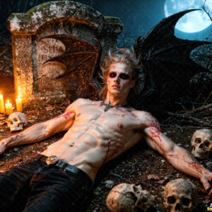 AI-generated Vampire Lestat art handsome reimaginings of the legendary vampire Lestat de Lioncourt from Anne Rice's chronicles. Dark fantasy digital art by Jeff Dupler.