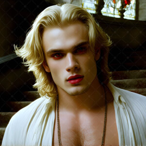 AI-generated Vampire Lestat art — handsome reimaginings of the legendary vampire Lestat de Lioncourt from Anne Rice's chronicles. Dark fantasy digital art by Jeff Dupler.