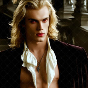 AI-generated Vampire Lestat art — handsome reimaginings of the legendary vampire Lestat de Lioncourt from Anne Rice's chronicles. Dark fantasy digital art by Jeff Dupler.