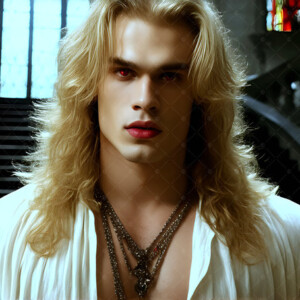 AI-generated Vampire Lestat art — handsome reimaginings of the legendary vampire Lestat de Lioncourt from Anne Rice's chronicles. Dark fantasy digital art by Jeff Dupler.