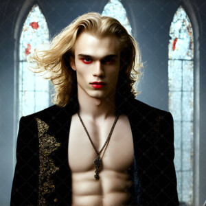 AI-generated Vampire Lestat art — handsome reimaginings of the legendary vampire Lestat de Lioncourt from Anne Rice's chronicles. Dark fantasy digital art by Jeff Dupler.