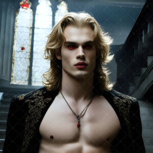 AI-generated Vampire Lestat art — handsome reimaginings of the legendary vampire Lestat de Lioncourt from Anne Rice's chronicles. Dark fantasy digital art by Jeff Dupler.