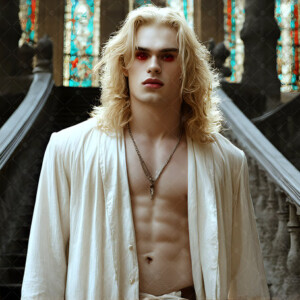 AI-generated Vampire Lestat art — handsome reimaginings of the legendary vampire Lestat de Lioncourt from Anne Rice's chronicles. Dark fantasy digital art by Jeff Dupler.