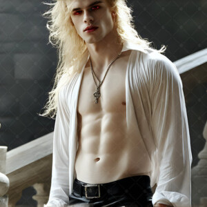 AI-generated Vampire Lestat art — handsome reimaginings of the legendary vampire Lestat de Lioncourt from Anne Rice's chronicles. Dark fantasy digital art by Jeff Dupler.