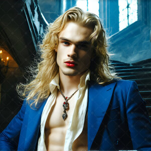 AI-generated Vampire Lestat art — handsome reimaginings of the legendary vampire Lestat de Lioncourt from Anne Rice's chronicles. Dark fantasy digital art by Jeff Dupler.