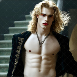 AI-generated Vampire Lestat art — handsome reimaginings of the legendary vampire Lestat de Lioncourt from Anne Rice's chronicles. Dark fantasy digital art by Jeff Dupler.