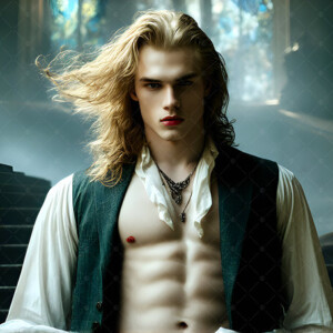 AI-generated Vampire Lestat art — handsome reimaginings of the legendary vampire Lestat de Lioncourt from Anne Rice's chronicles. Dark fantasy digital art by Jeff Dupler.