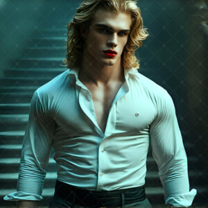 AI-generated Vampire Lestat art — handsome reimaginings of the legendary vampire Lestat de Lioncourt from Anne Rice's chronicles. Dark fantasy digital art by Jeff Dupler.