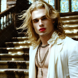AI-generated Vampire Lestat art — handsome reimaginings of the legendary vampire Lestat de Lioncourt from Anne Rice's chronicles. Dark fantasy digital art by Jeff Dupler.