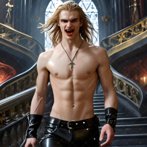 AI-generated Vampire Lestat art — handsome reimaginings of the legendary vampire Lestat de Lioncourt from Anne Rice's chronicles. Dark fantasy digital art by Jeff Dupler.
