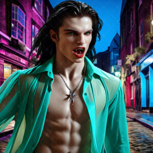 AI-generated Vampire Lestat art — handsome reimaginings of the legendary vampire Lestat de Lioncourt from Anne Rice's chronicles. Dark fantasy digital art by Jeff Dupler.