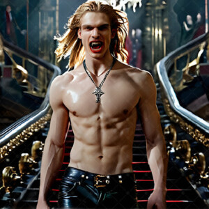 AI-generated Vampire Lestat art — handsome reimaginings of the legendary vampire Lestat de Lioncourt from Anne Rice's chronicles. Dark fantasy digital art by Jeff Dupler.