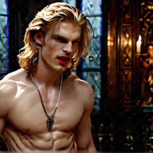 AI-generated Vampire Lestat art — handsome reimaginings of the legendary vampire Lestat de Lioncourt from Anne Rice's chronicles. Dark fantasy digital art by Jeff Dupler.