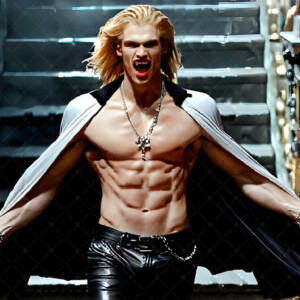AI-generated Vampire Lestat art — handsome reimaginings of the legendary vampire Lestat de Lioncourt from Anne Rice's chronicles. Dark fantasy digital art by Jeff Dupler.