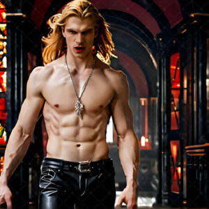 AI-generated Vampire Lestat art — handsome reimaginings of the legendary vampire Lestat de Lioncourt from Anne Rice's chronicles. Dark fantasy digital art by Jeff Dupler.