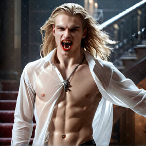 AI-generated Vampire Lestat art — handsome reimaginings of the legendary vampire Lestat de Lioncourt from Anne Rice's chronicles. Dark fantasy digital art by Jeff Dupler.
