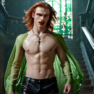 AI-generated Vampire Lestat art — handsome reimaginings of the legendary vampire Lestat de Lioncourt from Anne Rice's chronicles. Dark fantasy digital art by Jeff Dupler.