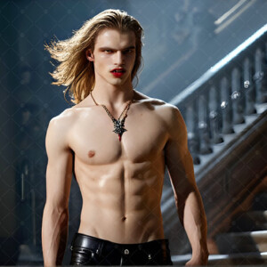 AI-generated Vampire Lestat art — handsome reimaginings of the legendary vampire Lestat de Lioncourt from Anne Rice's chronicles. Dark fantasy digital art by Jeff Dupler.
