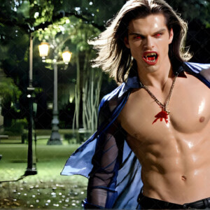 AI-generated Vampire Lestat art — handsome reimaginings of the legendary vampire Lestat de Lioncourt from Anne Rice's chronicles. Dark fantasy digital art by Jeff Dupler.