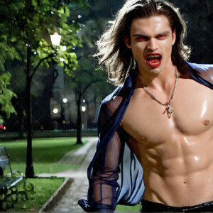 AI-generated Vampire Lestat art — handsome reimaginings of the legendary vampire Lestat de Lioncourt from Anne Rice's chronicles. Dark fantasy digital art by Jeff Dupler.