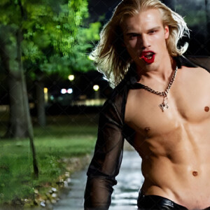 AI-generated Vampire Lestat art — handsome reimaginings of the legendary vampire Lestat de Lioncourt from Anne Rice's chronicles. Dark fantasy digital art by Jeff Dupler.