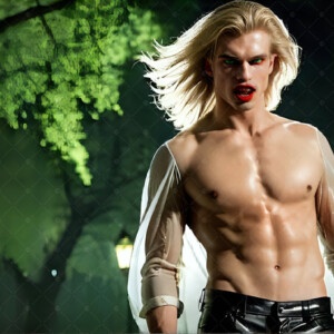 AI-generated Vampire Lestat art — handsome reimaginings of the legendary vampire Lestat de Lioncourt from Anne Rice's chronicles. Dark fantasy digital art by Jeff Dupler.