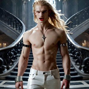 AI-generated Vampire Lestat art — handsome reimaginings of the legendary vampire Lestat de Lioncourt from Anne Rice's chronicles. Dark fantasy digital art by Jeff Dupler.