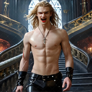 AI-generated Vampire Lestat art — handsome reimaginings of the legendary vampire Lestat de Lioncourt from Anne Rice's chronicles. Dark fantasy digital art by Jeff Dupler.