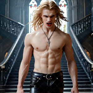 AI-generated Vampire Lestat art — handsome reimaginings of the legendary vampire Lestat de Lioncourt from Anne Rice's chronicles. Dark fantasy digital art by Jeff Dupler.