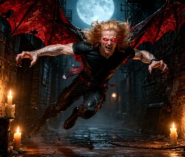 A photorealistic AI art story — Sebastian, 21 in body but 121 in years, drenched in blood and remorse a century after the night he was turned.