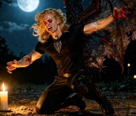 A photorealistic AI art story — Sebastian, 21 in body but 121 in years, drenched in blood and remorse a century after the night he was turned.