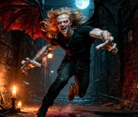 A photorealistic AI art story — Sebastian, 21 in body but 121 in years, drenched in blood and remorse a century after the night he was turned.