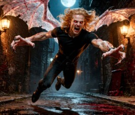 A photorealistic AI art story — Sebastian, 21 in body but 121 in years, drenched in blood and remorse a century after the night he was turned.