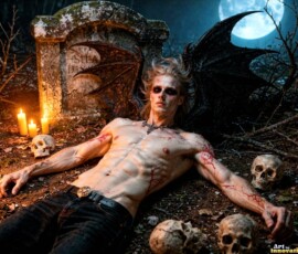 A photorealistic AI art story — Sebastian, 21 in body but 121 in years, drenched in blood and remorse a century after the night he was turned.