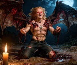 A photorealistic AI art story — Sebastian, 21 in body but 121 in years, drenched in blood and remorse a century after the night he was turned.