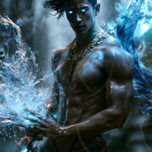 Discover AI-generated elemental mage art handsome male fire, ice, lightning, and earth mages wielding raw magical power in stunning fantasy battle scenes. UHD digital art.
