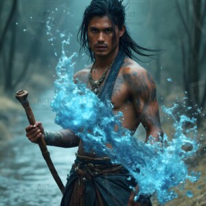 Discover AI-generated elemental mage art handsome male fire, ice, lightning, and earth mages wielding raw magical power in stunning fantasy battle scenes. UHD digital art.