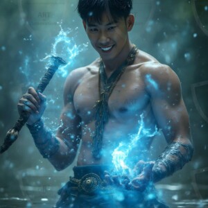 Discover AI-generated elemental mage art handsome male fire, ice, lightning, and earth mages wielding raw magical power in stunning fantasy battle scenes. UHD digital art.