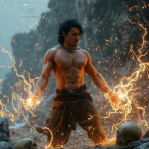 Discover AI-generated elemental mage art handsome male fire, ice, lightning, and earth mages wielding raw magical power in stunning fantasy battle scenes. UHD digital art.