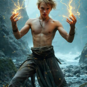 Discover AI-generated elemental mage art handsome male fire, ice, lightning, and earth mages wielding raw magical power in stunning fantasy battle scenes. UHD digital art.