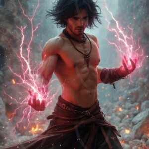 Discover AI-generated elemental mage art handsome male fire, ice, lightning, and earth mages wielding raw magical power in stunning fantasy battle scenes. UHD digital art.