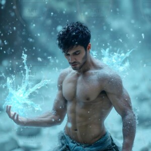 Discover AI-generated elemental mage art handsome male fire, ice, lightning, and earth mages wielding raw magical power in stunning fantasy battle scenes. UHD digital art.