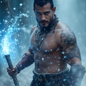 Discover AI-generated elemental mage art handsome male fire, ice, lightning, and earth mages wielding raw magical power in stunning fantasy battle scenes. UHD digital art.