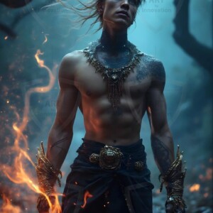 Discover AI-generated elemental mage art handsome male fire, ice, lightning, and earth mages wielding raw magical power in stunning fantasy battle scenes. UHD digital art.