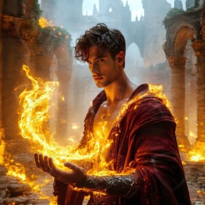 Discover AI-generated elemental mage art — handsome male fire, ice, lightning, and earth mages wielding raw magical power in stunning fantasy battle scenes. UHD digital art.