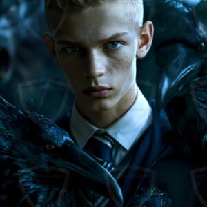 Explore AI-generated House Ravenclaw art handsome shirtless wizards from the raven house of Hogwarts summoning massive protective ravens. Fantasy wizard school digital art.