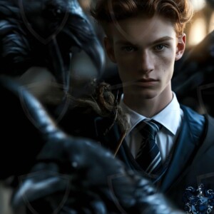 Explore AI-generated House Ravenclaw art handsome shirtless wizards from the raven house of Hogwarts summoning massive protective ravens. Fantasy wizard school digital art.