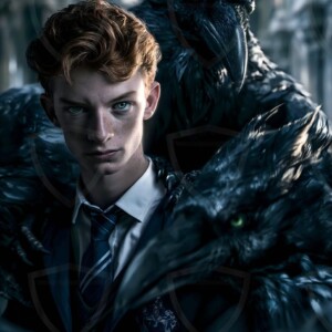 Explore AI-generated House Ravenclaw art handsome shirtless wizards from the raven house of Hogwarts summoning massive protective ravens. Fantasy wizard school digital art.