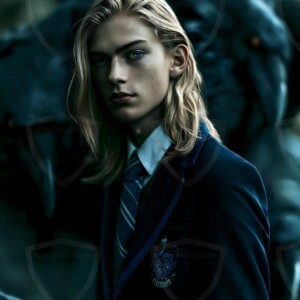 Explore AI-generated House Ravenclaw art handsome shirtless wizards from the raven house of Hogwarts summoning massive protective ravens. Fantasy wizard school digital art.